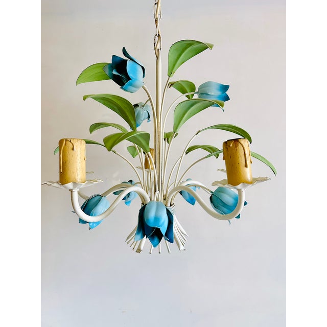 French Blue Tole Tulip 5-Light Chandelier, 1960s For Sale - Image 13 of 18