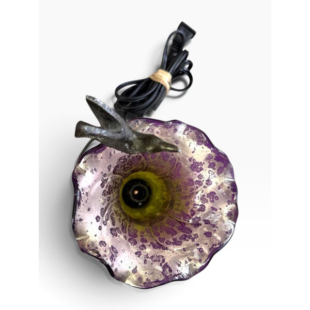 Vintage Hummingbird Flower Art Glass Table Lamp | Purple & Amber | Made in India For Sale In Portland, ME - Image 6 of 7