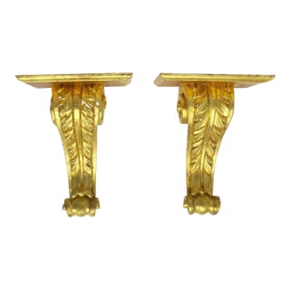 Italian Gold Gilt Giltwood Wall Shelves Acanthus Leaf Design, Pair For Sale