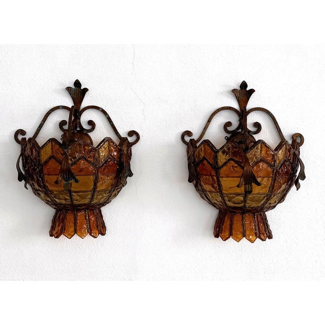 Sconces in Wrought Iron and Hammered Glass attributed to Longobard, Italy, 1970s, Set of 2 For Sale - Image 13 of 16
