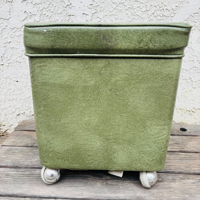Mid-Century Modern 1950s Mid Century Modern Green Vinyl Storage Ottoman Hassock With Casters For Sale - Image 3 of 18