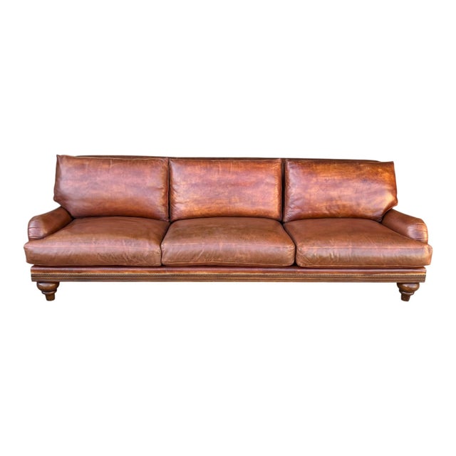 English 1970s English Traditional Light Brown Leather Sofa With Nail Head Trim & Carved 6-Leg Base For Sale - Image 3 of 16