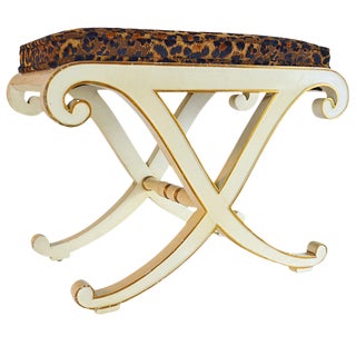 20th Century Hollywood Regency Leopard Print Velvet Upholstered "X" Bench For Sale