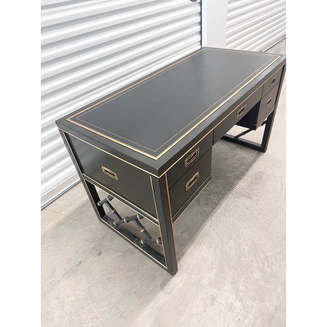Vintage Sligh Furniture Black Lacquer Campaign Desk With Gold-Tooled Leather Top & Faux Bamboo Base For Sale - Image 14 of 15