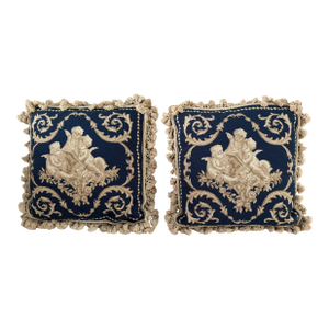Pair of French Aubusson-Style Vintage Needlepoint Tassel Pillows – 17” X 17”