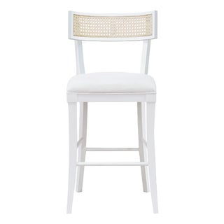 Matthew Izzo Home Britta Matte White Lacquer Klismos Style Counter Stool With Cane Back and White Linen Upholstered Seat For Sale