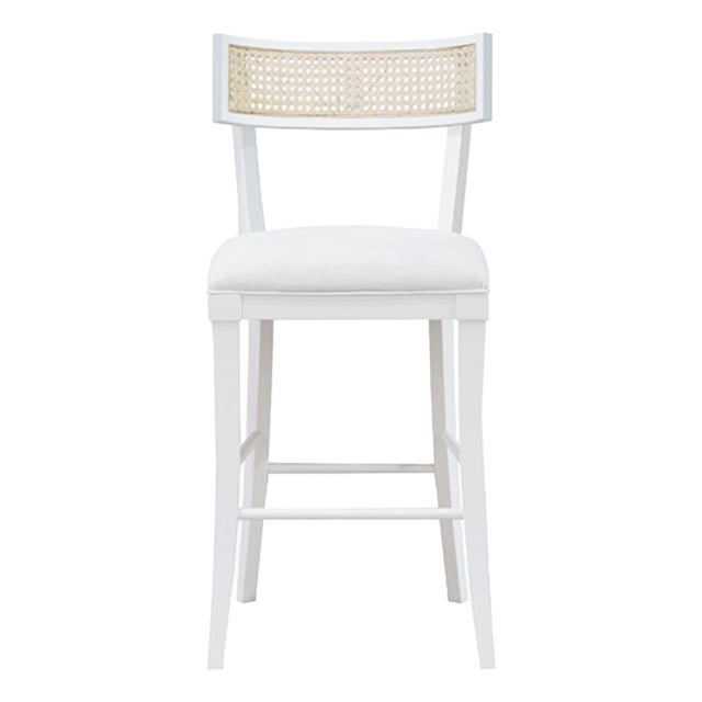 Matthew Izzo Home Britta Matte White Lacquer Klismos Style Counter Stool With Cane Back and White Linen Upholstered Seat For Sale
