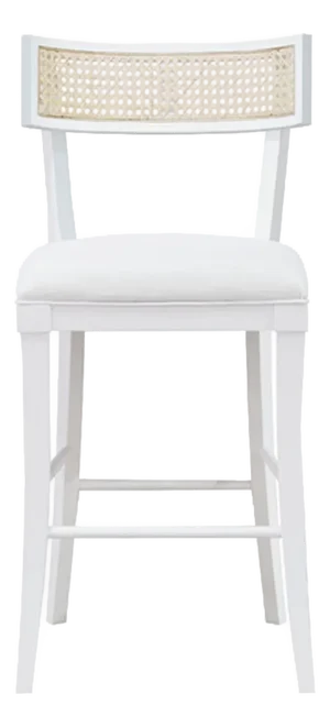 Matthew Izzo Home Britta Matte White Lacquer Klismos Style Counter Stool With Cane Back and White Linen Upholstered Seat