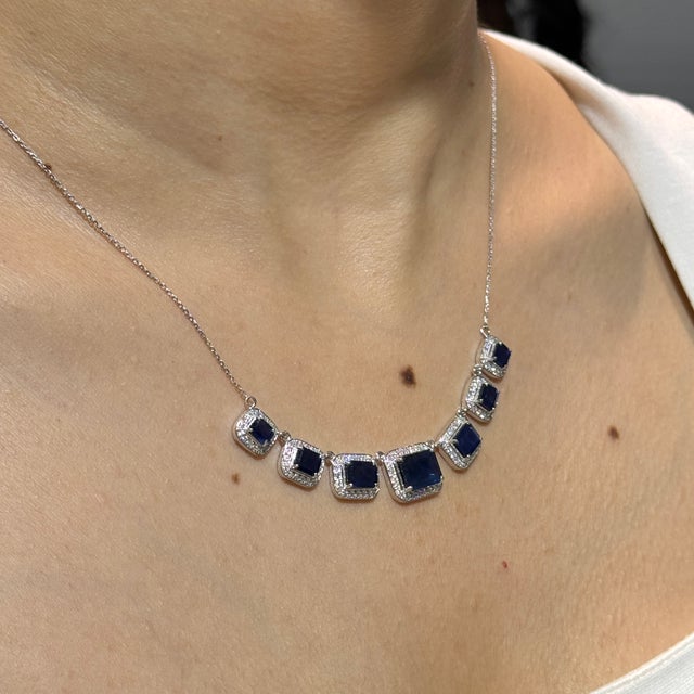 7.3ct Emerald-Cut Blue Sapphire Diamond Halo Station Necklace in 14k White Gold For Sale In New York - Image 6 of 18