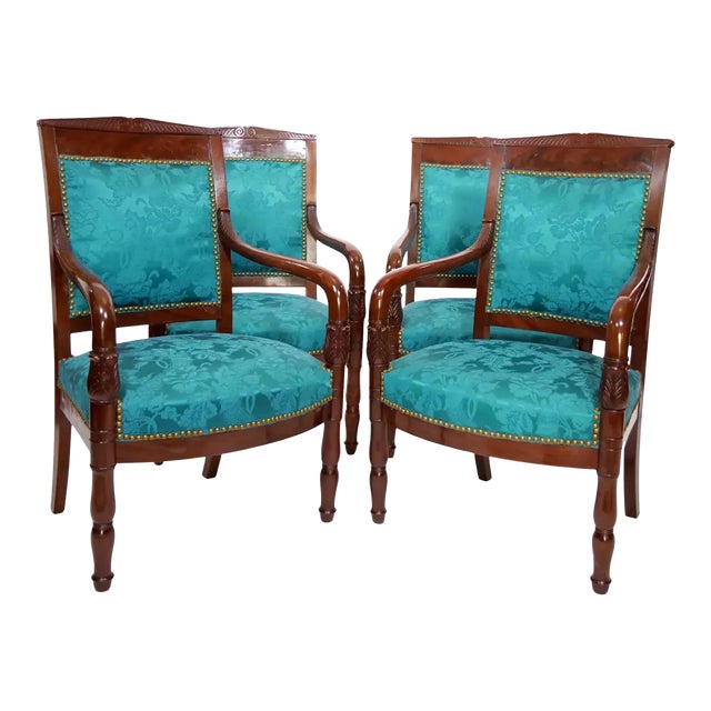 19th Century Mahogany Wood Framed / Upholstered Armchair Set For Sale
