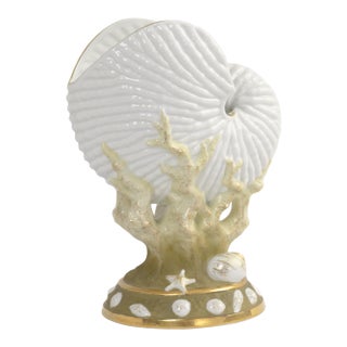 Vintage Nautilus Shell Porcelain Vase With Coral Details For Sale