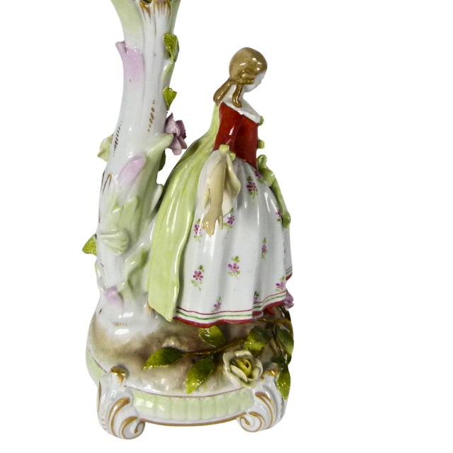 Early 19th Century Antique Von Schierholz German Porcelain Courtly Lady Figural Candlestick With Applied Roses and Leaves . Dresden Style For Sale - Image 5 of 16