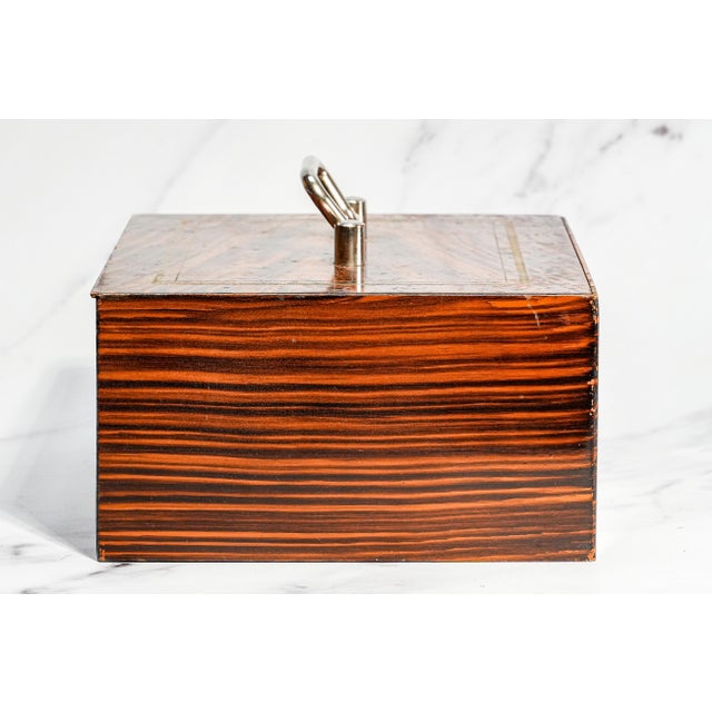 Amazing Antique Painted Faux Wood Metal Lock Strong Box With Key Home Office Decor For Sale - Image 13 of 16