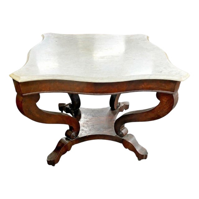 Antique Empire Marble Top Center Table Mahogany Parlor Console Sofa Table For Sale