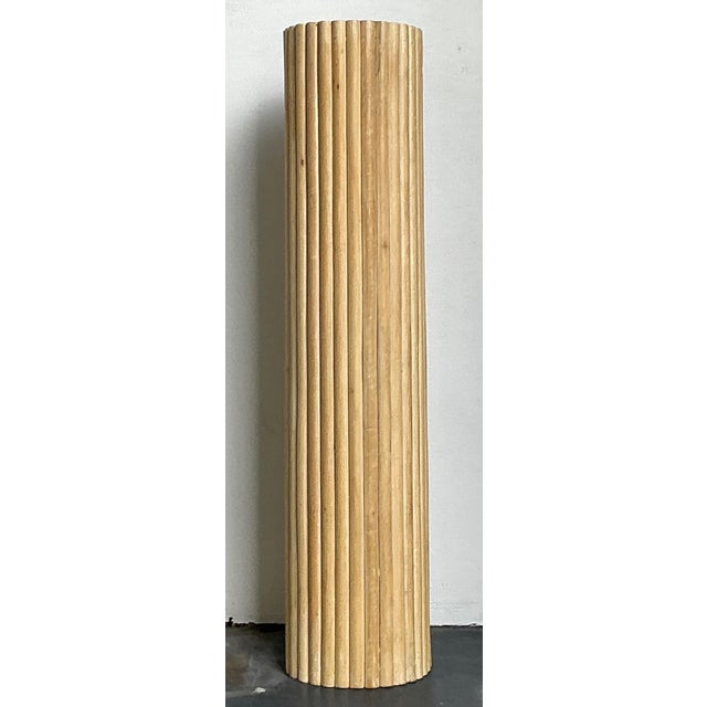 Contemporary Vintage Ribbed Wood and Rattan Large Pedestal For Sale - Image 3 of 10