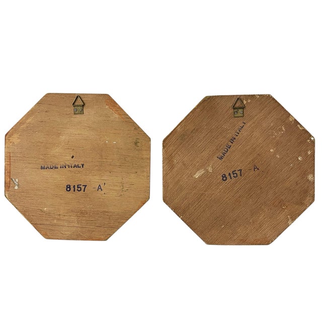 Mid century Italian Florentine octagon wall plaques. Each features portraits of French life. Measures 6” w x .5” d x 6” h.