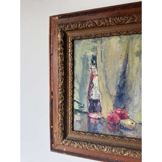 1960s Vintage Fruits & Bottle Still Life Impressionist Oil Painting on Masonite Board, Framed For Sale - Image 5 of 14