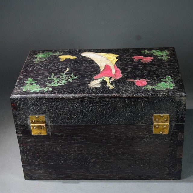 1990s Rosewood Hardwood Jewelry Box, Brass Hardware, Green Cabochon Inlay, Portable Treasure Chest For Sale - Image 5 of 7