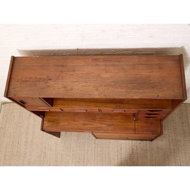 Vintage Mid-Century Modern Teak Secretary Desk With Fold-Down Writing Surface For Sale - Image 4 of 12