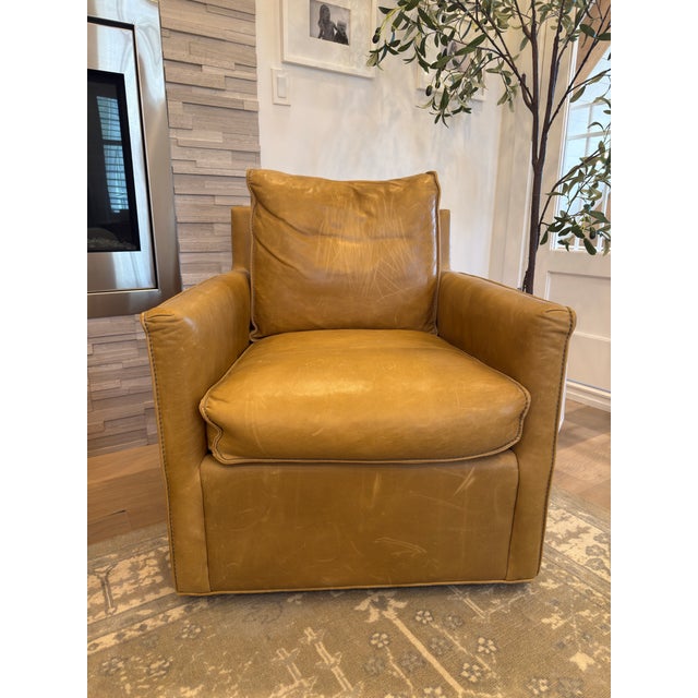 Mid-Century Modern Room & Board Leather Swivel Chairs For Sale - Image 3 of 4