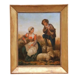 19th Century French Pastoral Oil on Canvas Painting in Carved Gilt Frame For Sale