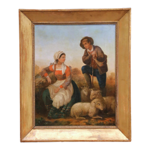 19th Century French Pastoral Oil on Canvas Painting in Carved Gilt Frame