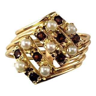Mid 20th Century 14k Yellow Gold Pearl and Citrine Quartz Multi-Band Ring Size 5.75 For Sale