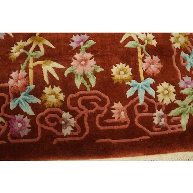 1930s Ruby Red Floral Antique Chinese Art Deco Carpet 4'4" X 6'6" Knotted Wool Rug For Sale - Image 10 of 12