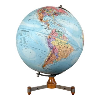 Mid Century Modern Replogle Stereo Relief World Globe on Wood and Metal Tripod Base For Sale