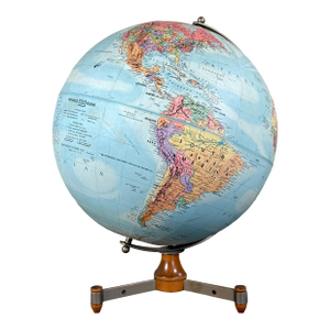 Mid Century Modern Replogle Stereo Relief World Globe on Wood and Metal Tripod Base