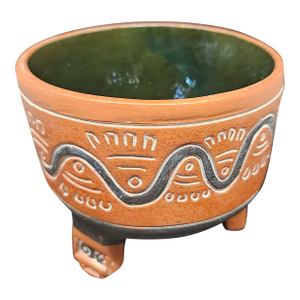 Vintage Pottery Redware Footed Bowl, Green Interior, Signed Leopoldo De Mexico