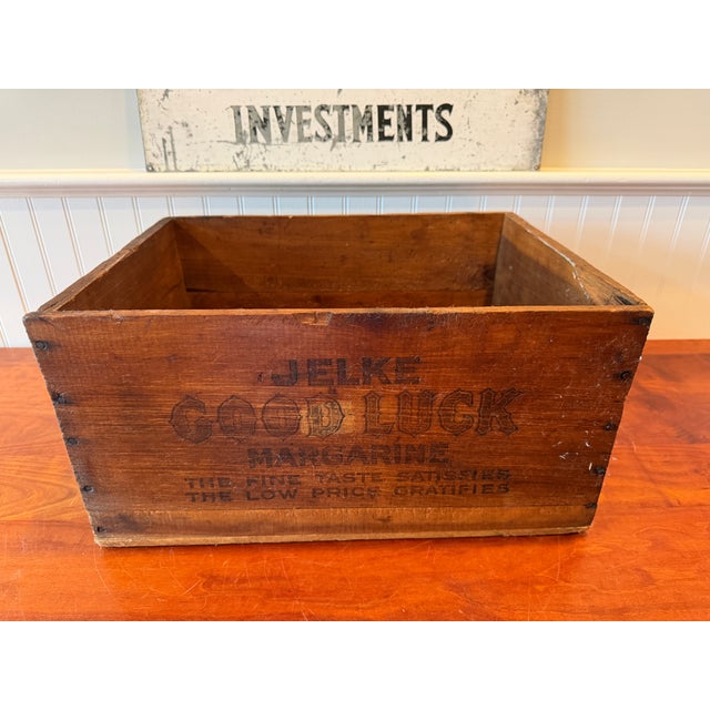 1920s Antique Jelke "Good Luck" Margarine Advertising Wooden Crate – Primitive Country Store Box With Original Illinois Tax Labels For Sale - Image 5 of 14