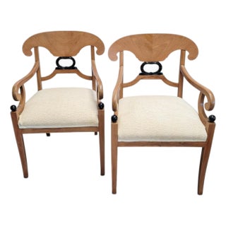 Early 20th Century Pair of Biedermeier Style Satinwood and Ebonized Armchairs For Sale