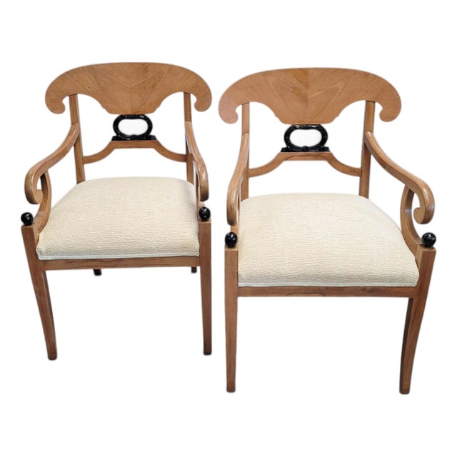 Early 20th Century Pair of Biedermeier Style Satinwood and Ebonized Armchairs For Sale
