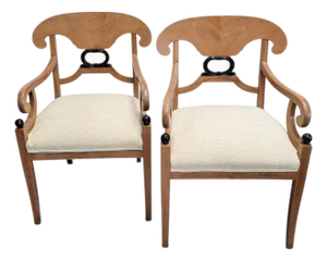 Early 20th Century Pair of Biedermeier Style Satinwood and Ebonized Armchairs