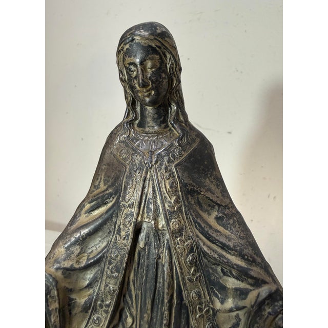 1920s Tall Antique Silver Plate Metal Religious Saint Virgin Mary Statue Sculpture For Sale - Image 5 of 13