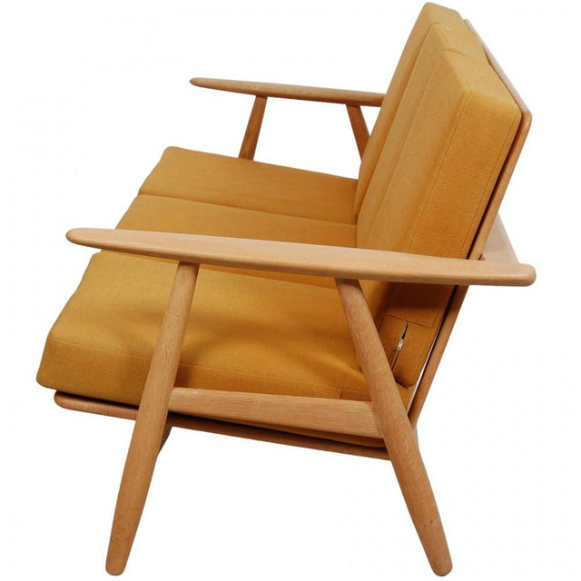Three-Seater Cigar Sofa in Oak and Yellow Fabric by Hans Wegner, 1960s For Sale - Image 17 of 18