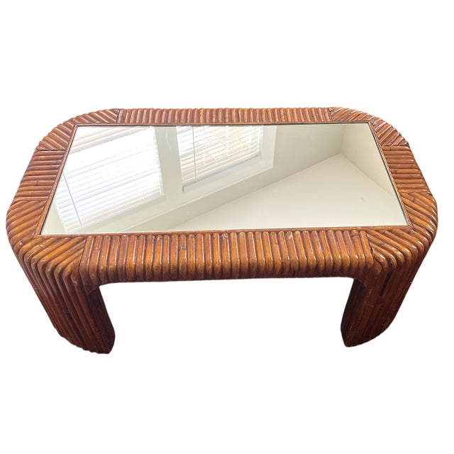 Contemporary Vintage 1970s Sculptural Bent Split Reed Wood Coffee Table With Mirrored Center — In the Style of Gabriella Crespi For Sale - Image 3 of 11