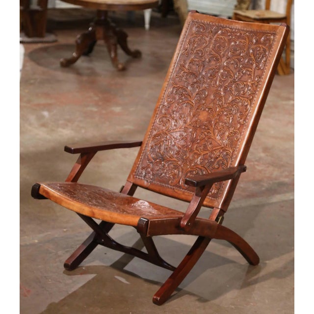 Mid-Century Spanish Carved Walnut Folding Chair With