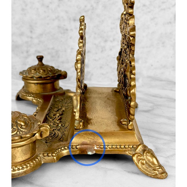 Brass Vintage Italian Rococo Brass Cherub Double Inkwell Letter Holder Desk Set For Sale - Image 8 of 10