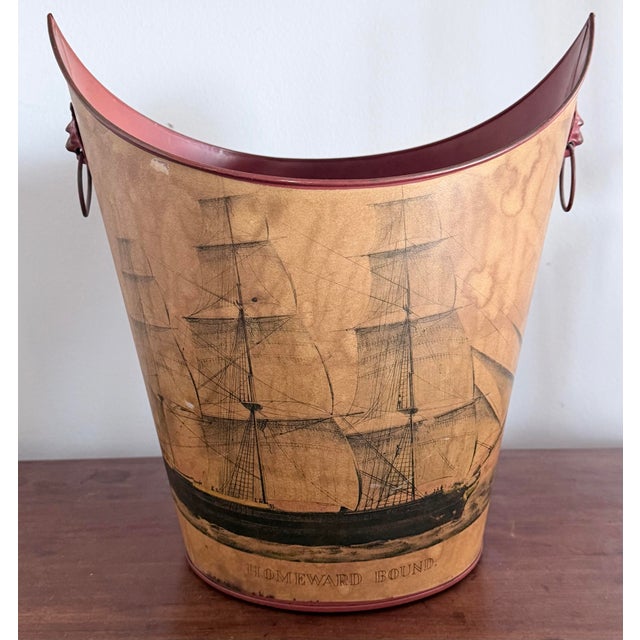 Vintage Decoupage Clipper Ship Tole Wastebasket With Lion Head Ring Handles For Sale - Image 9 of 9