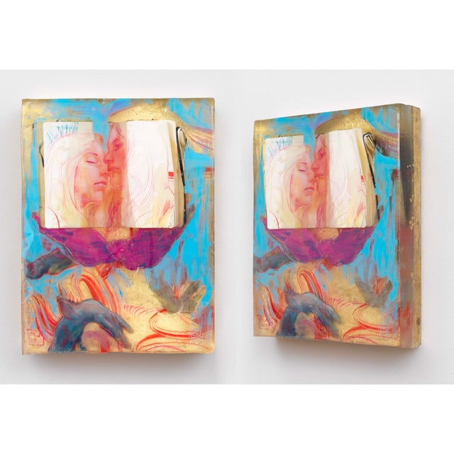 Contemporary The Feathers are Blue by Marc Scheff | Acrylic and mixed media featuring two faces and a sketchbook For Sale - Image 3 of 3