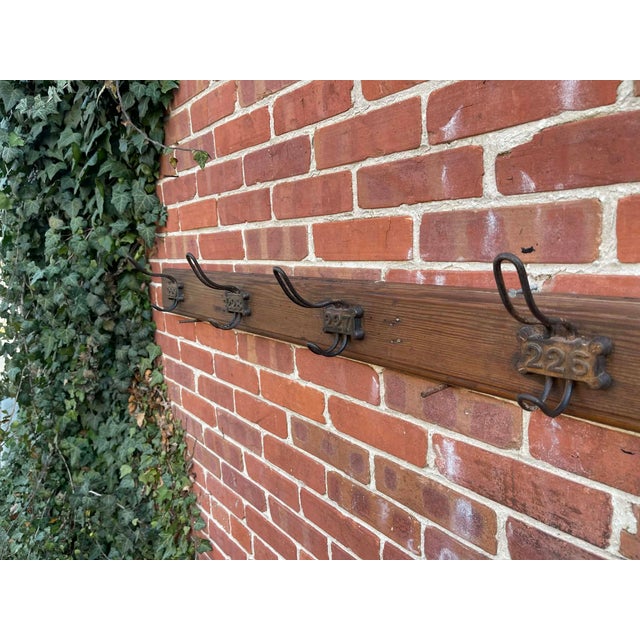 Brown Antique English Yellow Pine Cast Iron Wooden Coat Rail 1890s For Sale - Image 8 of 8