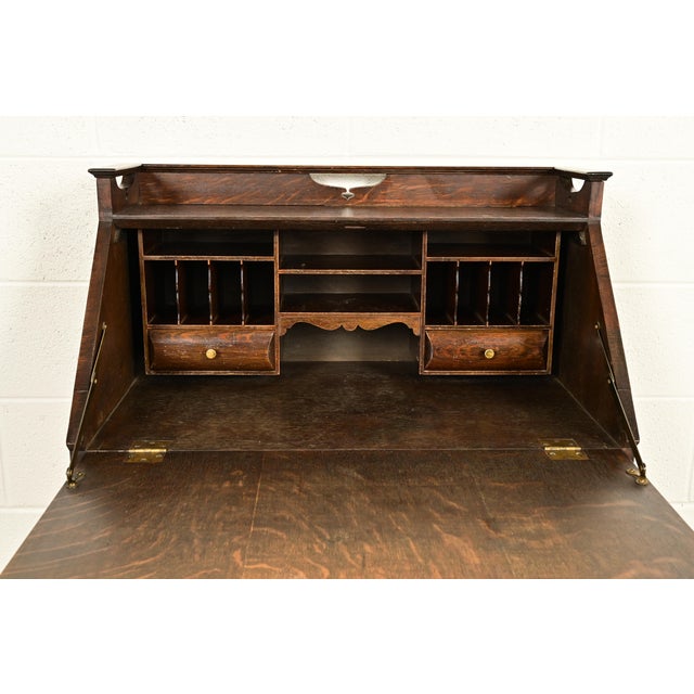 Wood Stickley Brothers Style Antique Mission Oak Arts & Crafts Drop Front Secretary Desk With Inlaid Marquetry, Circa 1910 For Sale - Image 7 of 16