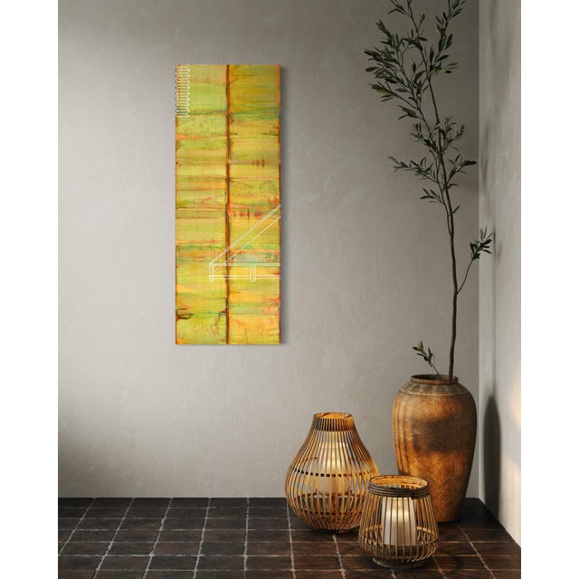 A tall, narrow diptych in warm, weathered gold and olive tones, split by a strong vertical seam and traced with a faint...