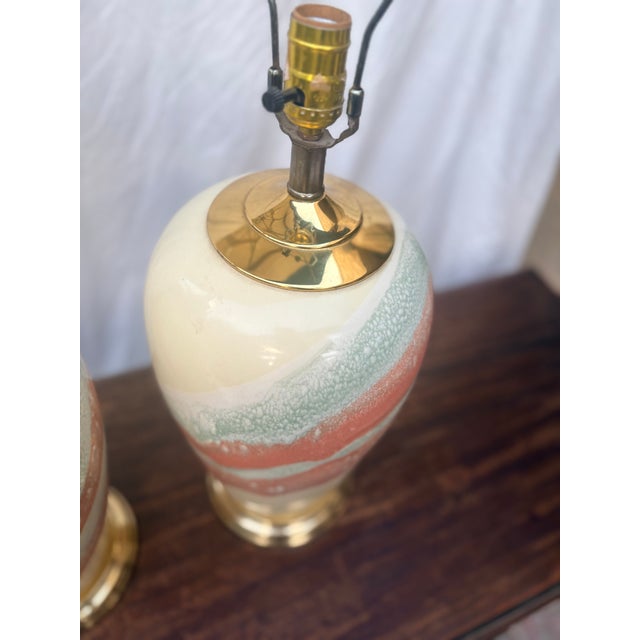 1980s Postmodern Ceramic Pastel Drip Glaze Table Lamps - A Pair For Sale - Image 11 of 12