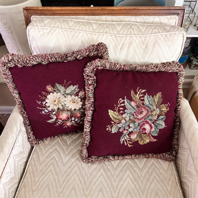 English Vintage Burgundy Floral Needlepoint Pillows With Silk Backs, Pair For Sale - Image 3 of 10