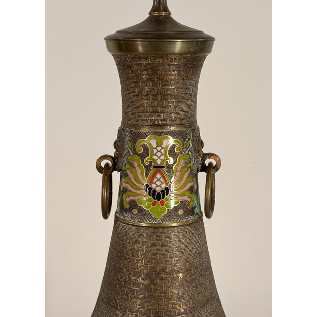 Mid 20th Century Chinese Cloisonne Brass Vase Table Lamp With Figural and White Elephant Decoration For Sale - Image 10 of 15