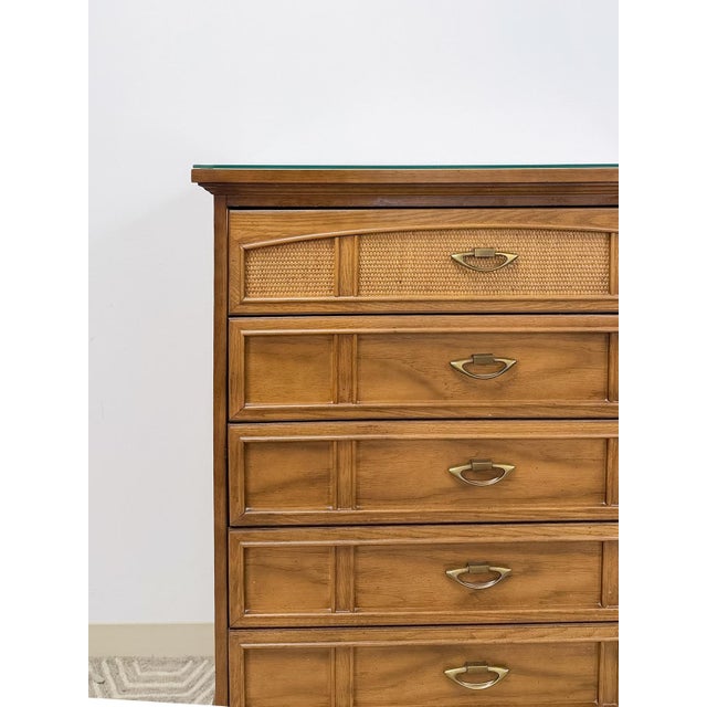 Dixie Dixie MCM Tallboy Dresser Woven Drawer Fronts Brass Pulls Vintage Furniture For Sale - Image 4 of 11