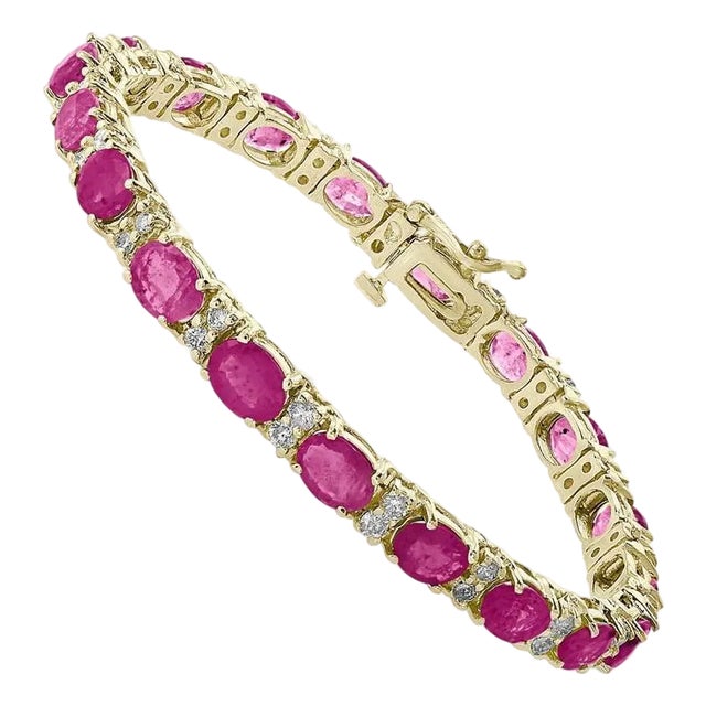 11 Ct Oval Rubies and Diamond Tennis Bracelet 14 Karat Yellow Gold For Sale